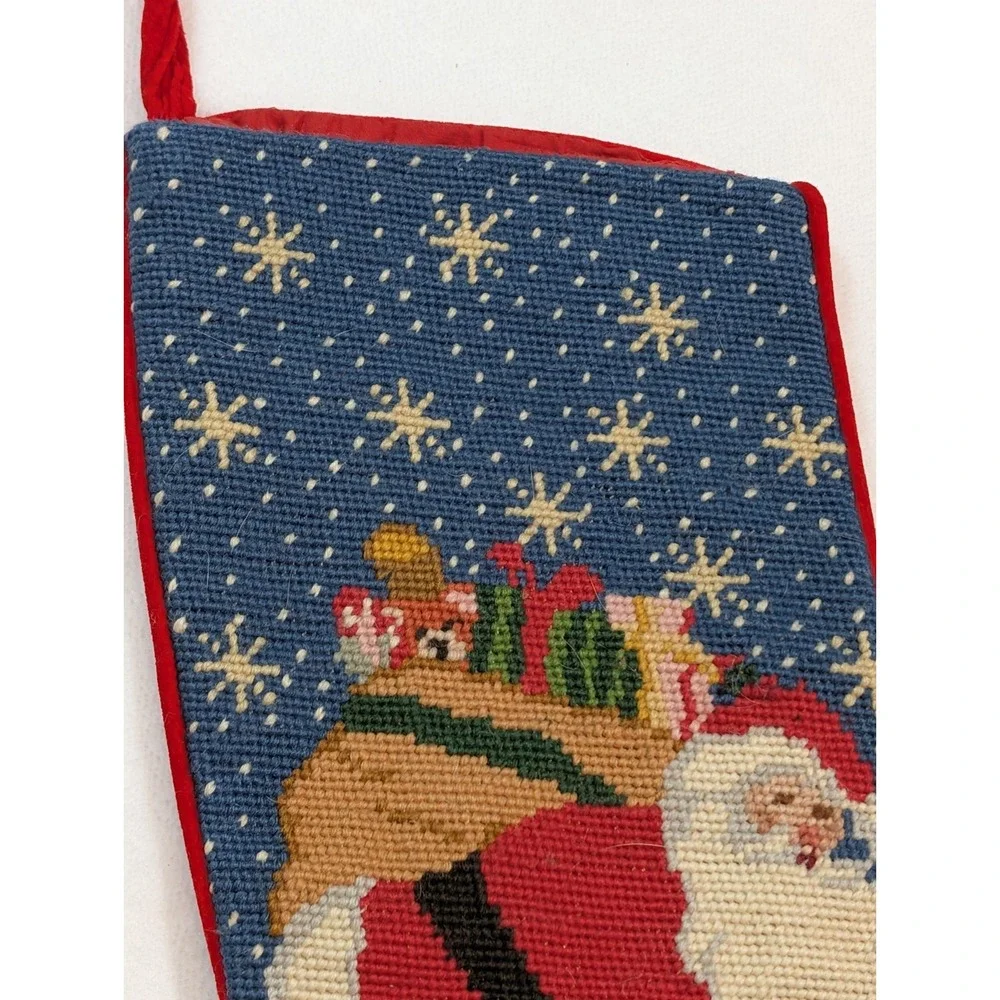 Vintage Christmas Stocking Wool Needlepoint Santa Chimney Roof Bag of Toys Stars